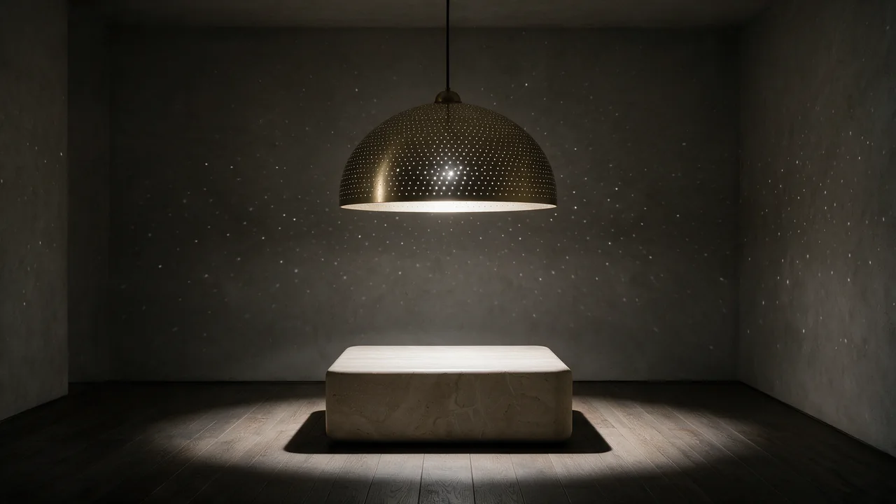 Pendelleuchte Ocula aus perforiertem Messing über dem Travertin-Tisch Kalk in einem dunklen Raum; Lichtpunkte auf der Wand.